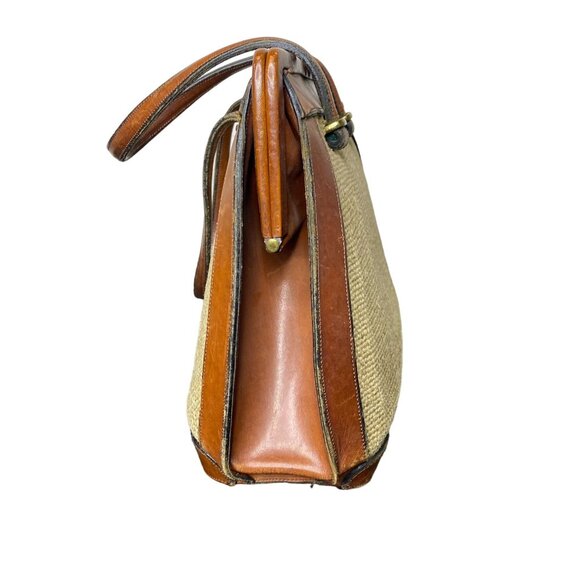 Vintage 60s Etienne Aigner French Leather & Woven Handbag w/ Turn-Lock Closure - Picture 4 of 15